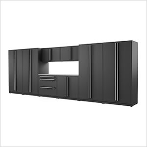 9-Piece Mat Black Cabinet Set with Silver Handles and Stainless Steel Worktop