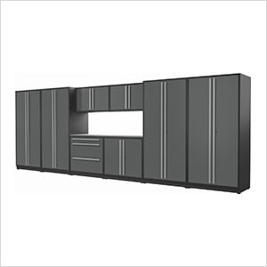 9-Piece Glossy Grey Cabinet Set with Silver Handles and Stainless Steel Worktop
