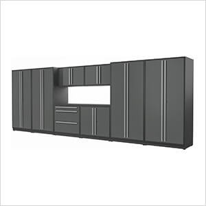 9-Piece Glossy Grey Cabinet Set with Silver Handles and Powder Coated Worktop