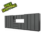 Proslat 9-Piece Glossy Grey Cabinet Set with Black Handles and Stainless Steel Worktop