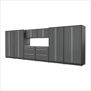 9-Piece Glossy Grey Cabinet Set with Silver Handles and Stainless Steel Worktop