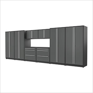 9-Piece Glossy Grey Cabinet Set with Silver Handles and Powder Coated Worktop