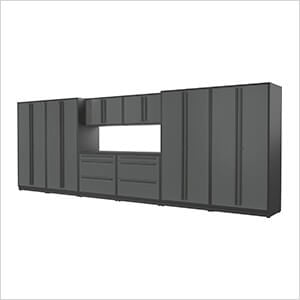 9-Piece Glossy Grey Cabinet Set with Black Handles and Powder Coated Worktop