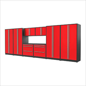 9-Piece Glossy Red Cabinet Set with Silver Handles and Powder Coated Worktop