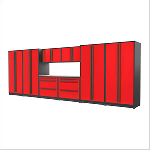 9-Piece Glossy Red Cabinet Set with Black Handles and Stainless Steel Worktop