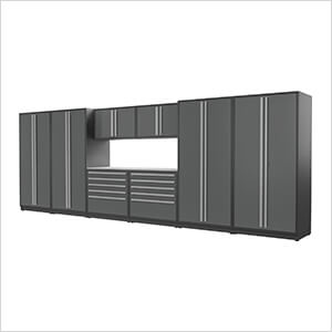 9-Piece Glossy Grey Cabinet Set with Silver Handles and Stainless Steel Worktop