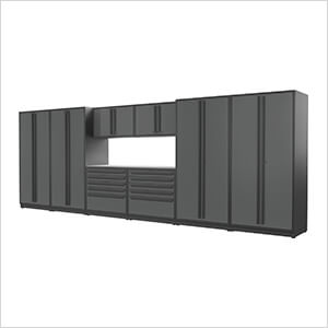 9-Piece Glossy Grey Cabinet Set with Black Handles and Stainless Steel Worktop