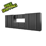 Proslat 9-Piece Mat Black Cabinet Set with Silver Handles and Stainless Steel Worktop