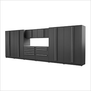 9-Piece Mat Black Cabinet Set with Silver Handles and Stainless Steel Worktop
