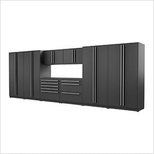 9-Piece Mat Black Cabinet Set with Silver Handles and Powder Coated Worktop