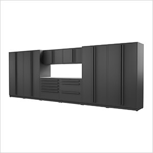 9-Piece Mat Black Cabinet Set with Black Handles and Stainless Steel Worktop