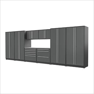9-Piece Glossy Grey Cabinet Set with Silver Handles and Stainless Steel Worktop