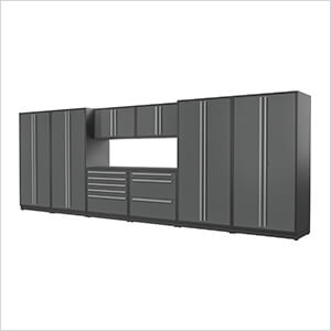 9-Piece Glossy Grey Cabinet Set with Silver Handles and Powder Coated Worktop