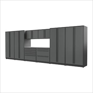 9-Piece Glossy Grey Cabinet Set with Black Handles and Stainless Steel Worktop