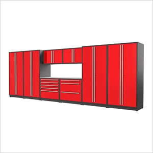 9-Piece Glossy Red Cabinet Set with Silver Handles and Stainless Steel Worktop