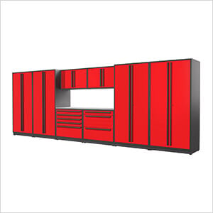 9-Piece Glossy Red Cabinet Set with Black Handles and Stainless Steel Worktop