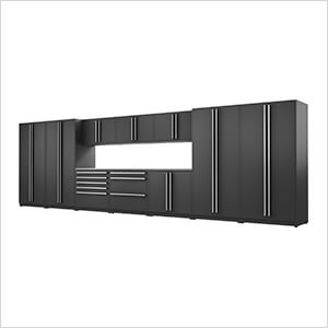 12-Piece Mat Black Cabinet Set with Silver Handles and Stainless Steel Worktop