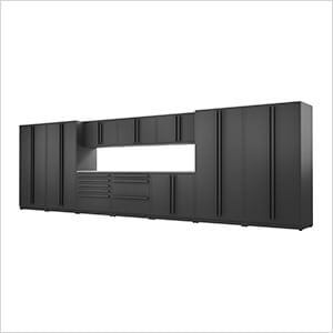 12-Piece Mat Black Cabinet Set with Black Handles and Stainless Steel Worktop