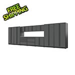 Proslat 12-Piece Glossy Grey Cabinet Set with Black Handles and Stainless Steel Worktop
