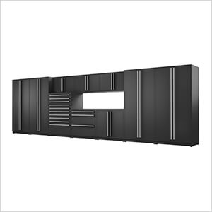 11-Piece Mat Black Cabinet Set with Silver Handles and Powder Coated Worktop