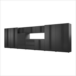 11-Piece Mat Black Cabinet Set with Black Handles and Powder Coated Worktop