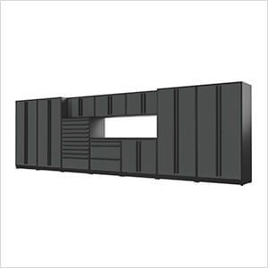 11-Piece Glossy Grey Cabinet Set with Black Handles and Powder Coated Worktop