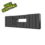 Proslat 11-Piece Glossy Grey Cabinet Set with Black Handles and Stainless Steel Worktop