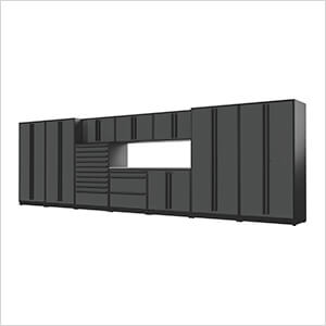 11-Piece Glossy Grey Cabinet Set with Black Handles and Stainless Steel Worktop