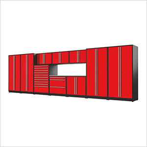 11-Piece Glossy Red Cabinet Set with Silver Handles and Stainless Steel Worktop