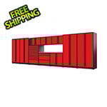 Proslat 11-Piece Glossy Red Cabinet Set with Black Handles and Stainless Steel Worktop