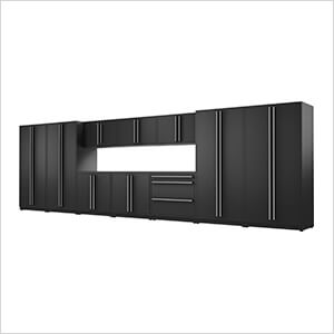 12-Piece Mat Black Cabinet Set with Silver Handles and Powder Coated Worktop