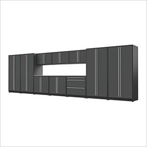 12-Piece Glossy Grey Cabinet Set with Silver Handles and Stainless Steel Worktop
