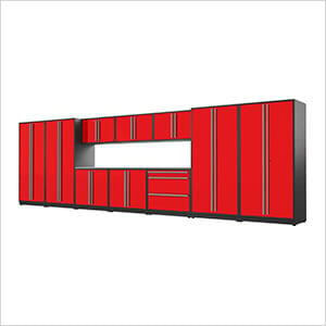 12-Piece Glossy Red Cabinet Set with Silver Handles and Stainless Steel Worktop