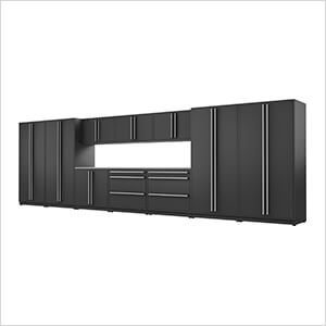 12-Piece Mat Black Cabinet Set with Silver Handles and Stainless Steel Worktop