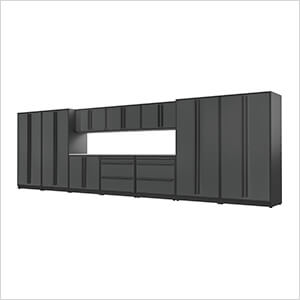 12-Piece Glossy Grey Cabinet Set with Black Handles and Stainless Steel Worktop