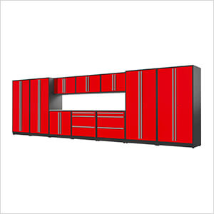 12-Piece Glossy Red Cabinet Set with Silver Handles and Stainless Steel Worktop