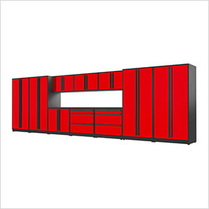 12-Piece Glossy Red Cabinet Set with Black Handles and Powder Coated Worktop