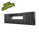 Proslat Fusion Plus 12-Piece Mat Black Garage Cabinet Set with Silver Handles and Stainless Steel Countertop