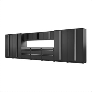 12-Piece Mat Black Cabinet Set with Silver Handles and Stainless Steel Worktop