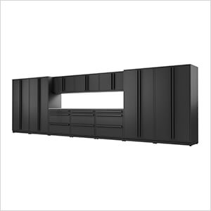 12-Piece Mat Black Cabinet Set with Black Handles and Stainless Steel Worktop