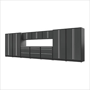 12-Piece Glossy Grey Cabinet Set with Silver Handles and Stainless Steel Worktop