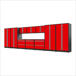 12-Piece Glossy Red Cabinet Set with Silver Handles and Stainless Steel Worktop