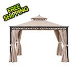 Sunjoy 10 x 12 Steel 2-Tier Soft Top Gazebo with Decorative Vine, Netting, Curtains, and Ceiling Hook