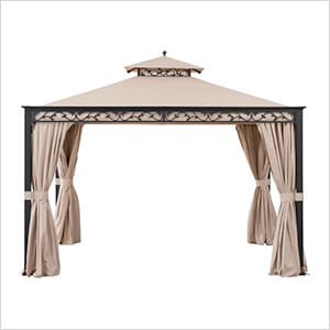 10 x 12 Steel 2-Tier Soft Top Gazebo with Decorative Vine, Netting, Curtains, and Ceiling Hook