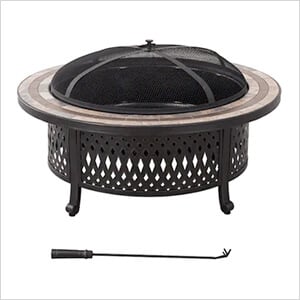 40-Inch Steel Wood Burning Fire Pit with Ceramic Tile Table Top and Fire Poker