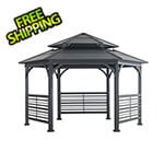 Sunjoy Group 15' x 15’ Hexagon Double Tiered Metal Gazebo with Decorative Fence and Ceiling Hook
