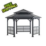 Sunjoy 15' x 15’ Hexagon Double Tiered Metal Gazebo with Decorative Fence and Ceiling Hook