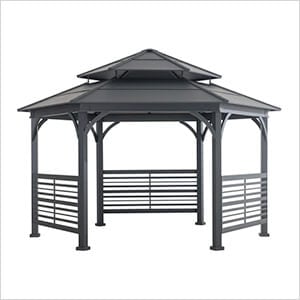 15' x 15’ Hexagon Double Tiered Metal Gazebo with Decorative Fence and Ceiling Hook