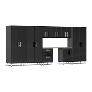 9-Piece Garage Cabinet Kit with Bamboo Worktop in Midnight Black Metallic