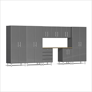 9-Piece Garage Cabinet Kit with Bamboo Worktop in Graphite Grey Metallic